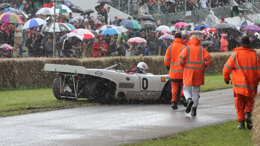 a crashed porsche audi at goodwood festival of speed